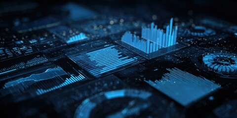 Futuristic Technology Interface Displaying Data Analytics and Insights in Blue Tones, Perfect for Technological Concepts