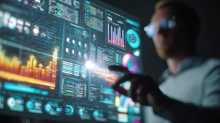 Data Analyst Interacting with Advanced Analytics Interface, Visualizing Complex Data Streams and Insights