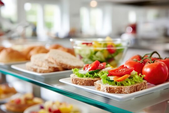 Healthy and nutritious food displayed on a school lunch bar, offering a variety of choices for students