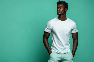 Fototapeta premium Modern man in a classic t-shirt and cargo shorts, posed against a solid mint green background, highlighting relaxed summer style.