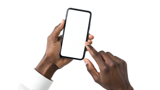 two hands using smartphone with tapping gesture on white background close up concept of technology digital communication app