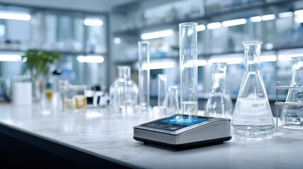 Laboratory Analytical Balance on a Marble Countertop Surrounded by Glassware, Ideal for Pharmaceutical and Chemical Research