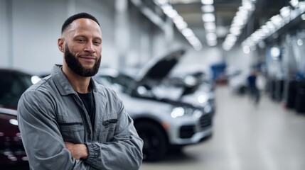 Confident Automotive Technician in Repair Shop with Cars Ready for Service and Maintenance