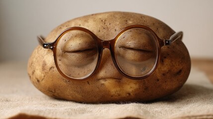 Quirky brown potato with oversized round eyeglasses resting on a pastel surface, whimsical conceptual still life that blends humor and minimalism