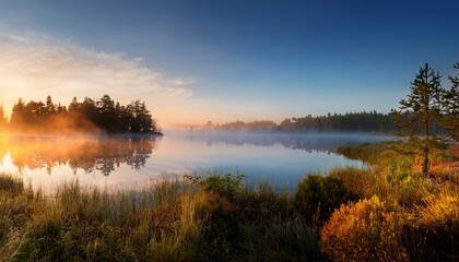Obraz premium a serene lake scene at dawn with a mist rising