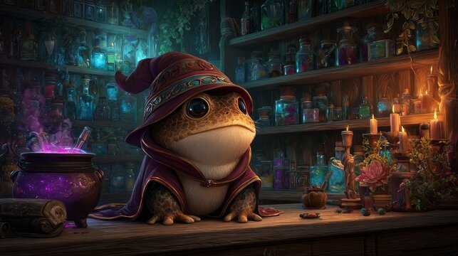 Chubby rain frog wearing a burgundy wizard hat and oversized robe standing in a magical potion shop filled with glowing bottles and cozy shelves