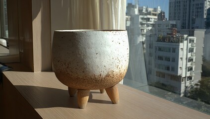 Off-white speckled planter with wooden feet, sunlight on a windowsill