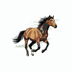 Naklejka premium Running chestnut horse with black mane tail on white background with green motion streaks
