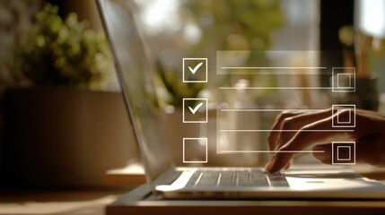 Online Checklist on Laptop Screen with Person's Hand, Task Management and Digital Workflow Concept