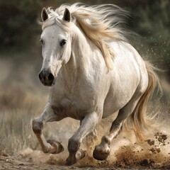Obraz premium Powerful white horse charging through a dusty field with mane flying and hooves kicking up dirt, captured in motion against a golden prairie backdrop
