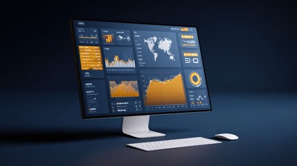 Data Analytics Dashboard on Computer Screen Displaying Financial Charts and World Map on Dark Background