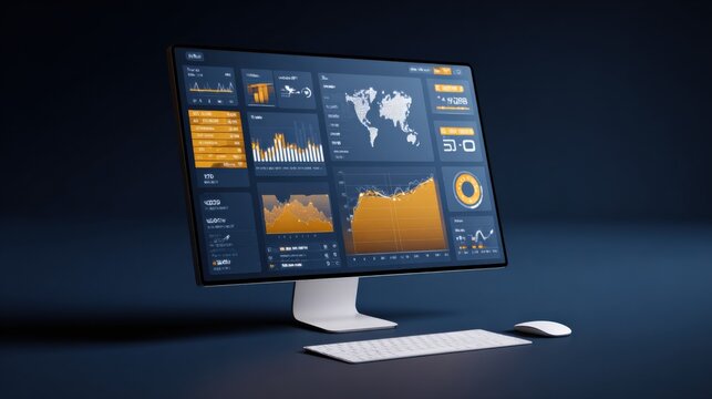 Data Analytics Dashboard on Computer Screen Displaying Financial Charts and World Map on Dark Background - Powered by Adobe