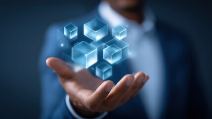 Data Processing Concept: African American Man Displays Digital Network Technology with Transparent Cubes Hovering Above His Palm