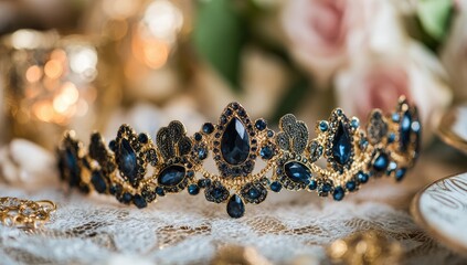 Gold tiara with deep blue gemstones