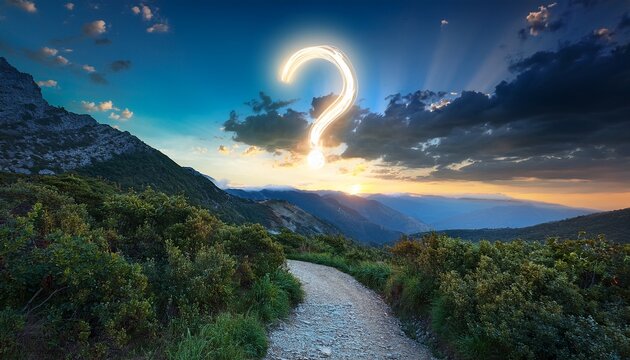 a scenic mountain path at dusk with a glowing question mark hovering in the middle of the path surrounded by lush vegetation and dramatic clouds in the sky