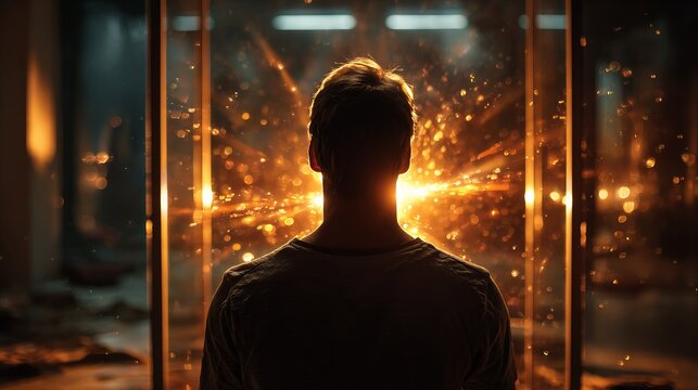 Backlit silhouette of a man facing a luminous energy portal with glowing particles and fiery bursts, creating a dramatic sci-fi atmosphere