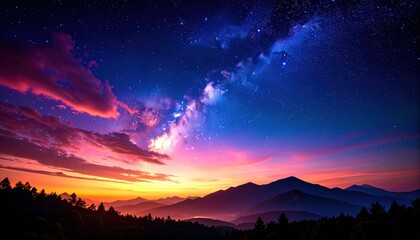 Naklejka premium Stunning Milky Way Sunrise Over Mountains