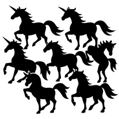 A collection of black unicorn silhouettes in various dynamic poses isolated on a transparent background silhouette isolated on transparent background