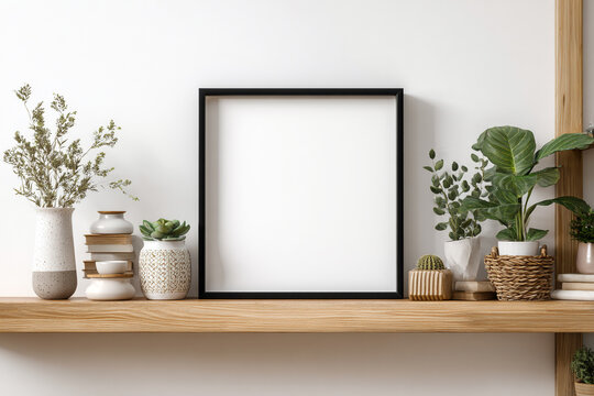 A black square frame set in a stylish interior arrangement with a small plant pot and home accessories. Ideal for mockups, interior design, and decor inspiration.

