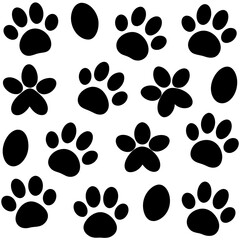 Collection of black dog paw prints and ovals silhouette isolated on transparent background