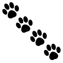 Black paw prints silhouette walking diagonally across a transparent background isolated on transparent background