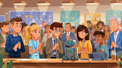 Animated science fair scene with diverse teenagers presenting a friendly robot while smiling and celebrating in a colorful classroom