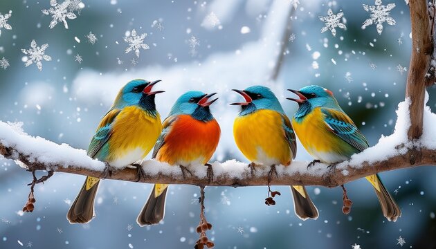 a charming scene of four calling birds singing on a snowy branch their vibrant plumage contrasting beautifully with the white snowflakes falling around them