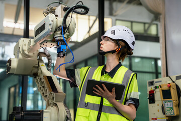 A woman in a yellow vest is looking at a tablet. She is wearing a hard hat. The tablet is on a robot. Female engineer using a tablet to program and control a robotic arm in a smart factory.