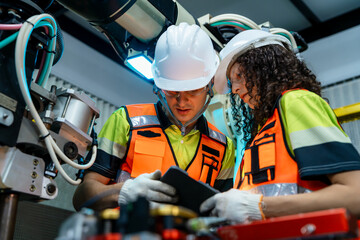 Two people wearing orange vests and white helmets are looking at a tablet. Diverse team of male and...