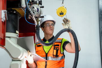 A man in a yellow vest is working on a machine. Electrician or technician working on the wiring and diagnostics of an automated robotics system in a factory.