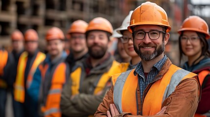 Smiling engineers group. 
Group of engineers in safety vests and helmets smiling proudly at worksite. Teamwork and diversity in engineering fields. Celebrating National Engineers Week