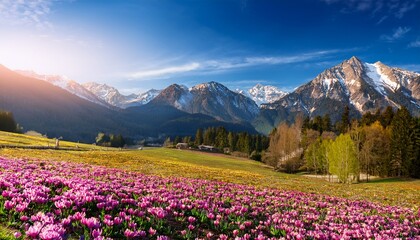 picturesque spring landscape with blooming flowers and mountains renewal