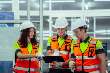 Three people wearing safety vests and hard hats are looking at a computer screen. Team of diverse engineers having a discussion and planning with a clipboard before operating machinery in a factory.