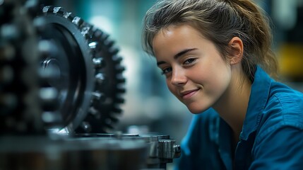 Young female engineer with confident smile working near large mechanical gears. Future of engineering is diverse. Empowerment and innovation for National Engineers Week