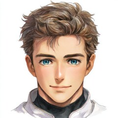 Anime-Portr&auml;t eines jungen Mannes mit braunen Haaren und blauen Augen &ndash; Detailliertes digitales Charakterdesign im Manga-Stil