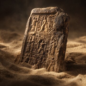 Antike Steintafeln in der W&uuml;ste &ndash; Eingravierte Hieroglyphen und mystische Inschriften auf historischen Artefakten aus Stein im Sand