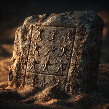 Antike Steintafeln in der W&uuml;ste &ndash; Eingravierte Hieroglyphen und mystische Inschriften auf historischen Artefakten aus Stein im Sand