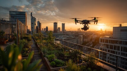 Fototapeta premium Drone hovering over lush rooftop garden at sunrise