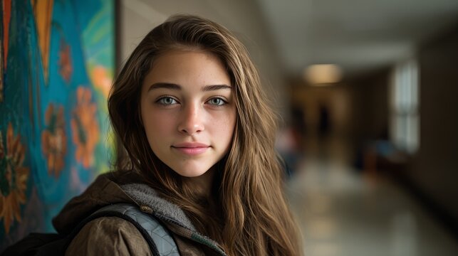 Portr&auml;t einer Sch&uuml;lerinnen mit langen braunen Haaren und braunen Augen im Schulflur &ndash; fotorealistische Darstellung