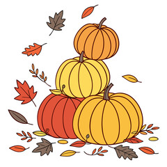Naklejka premium A stack of three pumpkins surrounded by autumn leaves in various shades of orange and yellow colors