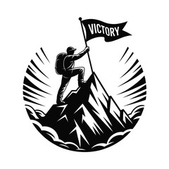 Man planting flag on mountain peak achieving victory silhouette isolated on white background