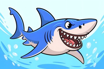 Fototapeta premium A happy cartoon shark with a wide grin and sharp teeth swims through blue water with splashes
