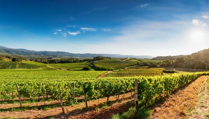 vineyards in a stunning landscape under a bright sunny sky create a beautiful scene the vibrant vineyards showcase the natural beauty of the landscape perfect for vineyard enthusiasts