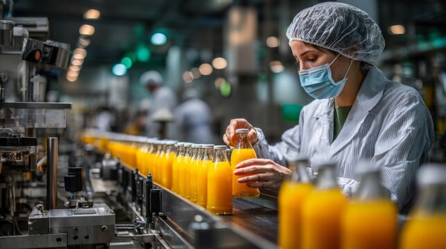 Worker in protective gear inspects orange juice bottles on belt