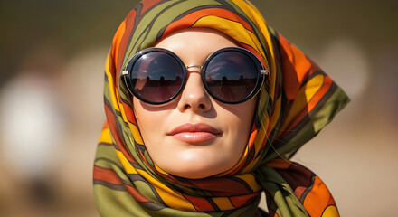 Portrait of a woman wearing a colorful headscarf and round black sunglasses in bright sunlight