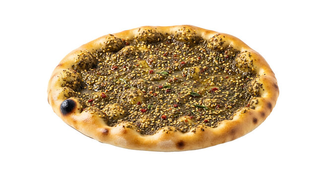 A close up shot of a manouche flatbread with zaatar and sesame seeds on a black background studio shot on transparent background