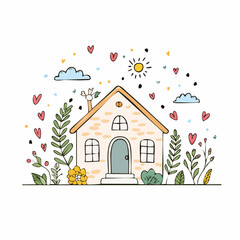 Charming whimsical house illustration amidst hearts, clouds, sun and foliage in a cute style