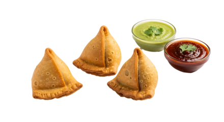 Three samosas with green and red chutney in glass bowls on a black background studio shot overhead view on transparent background