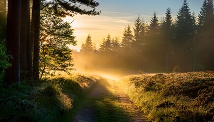 misty dawn light illuminates a forest path in the tranquil early morning hours