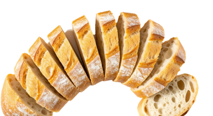 A top down view of sliced baguette bread arranged in a semi circle on a black background for food photography on transparent background